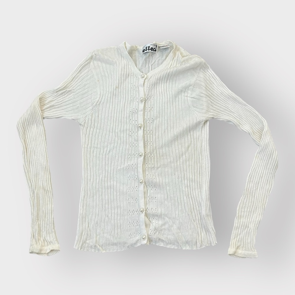 Creazioni Effeci Cream White Ribbed Cardigan w/ Pearl Buttons Girly Coquette